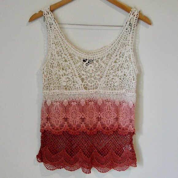 Y2K Lace Crochet Tank Top Boho Cream Pink Rose Ombre American Eagle Size Small - Picture 1 of 13